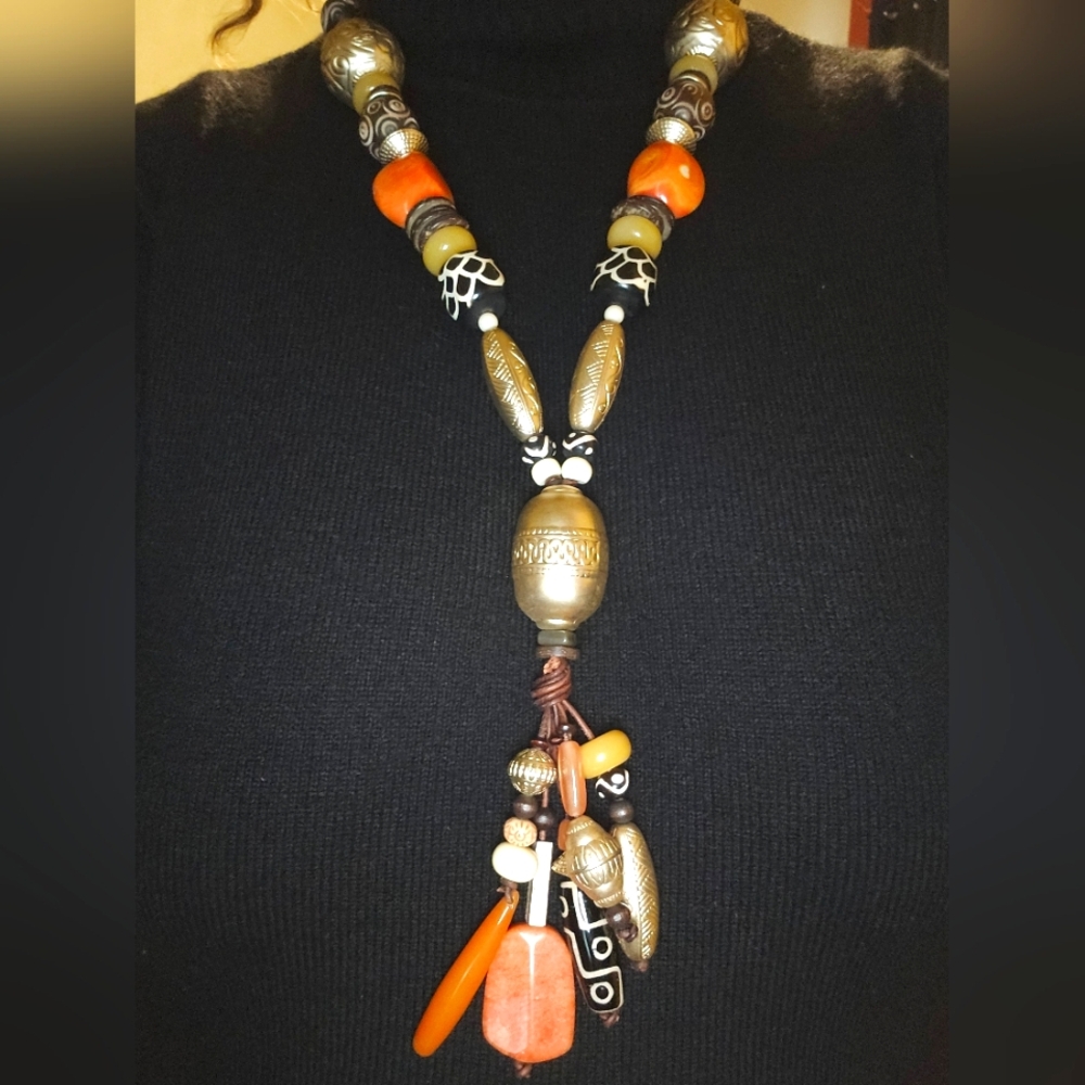 Bohemian Beaded Necklace with Orange and Gold Accents includes Matching Earings